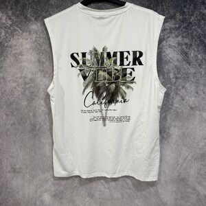 mens sleeveless t shirt Summer Vibes Palm Tree Print White L Crewneck Stretch